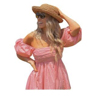 Powder Pink Puff Sleeve Square Neck Dress XL Smocked Back Cotton